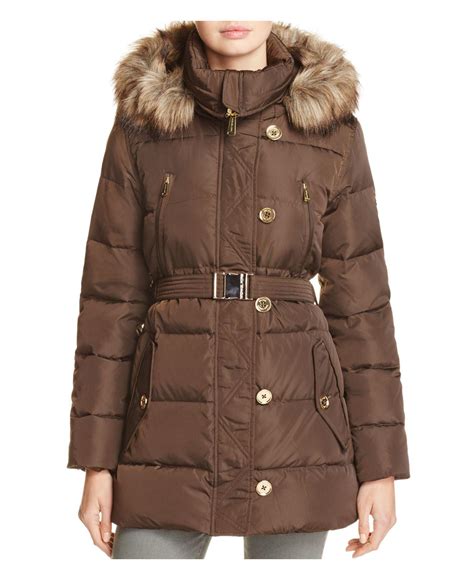 michael kors faux fur trimmed belted puffer jacket|Michael Kors insulated jacket.